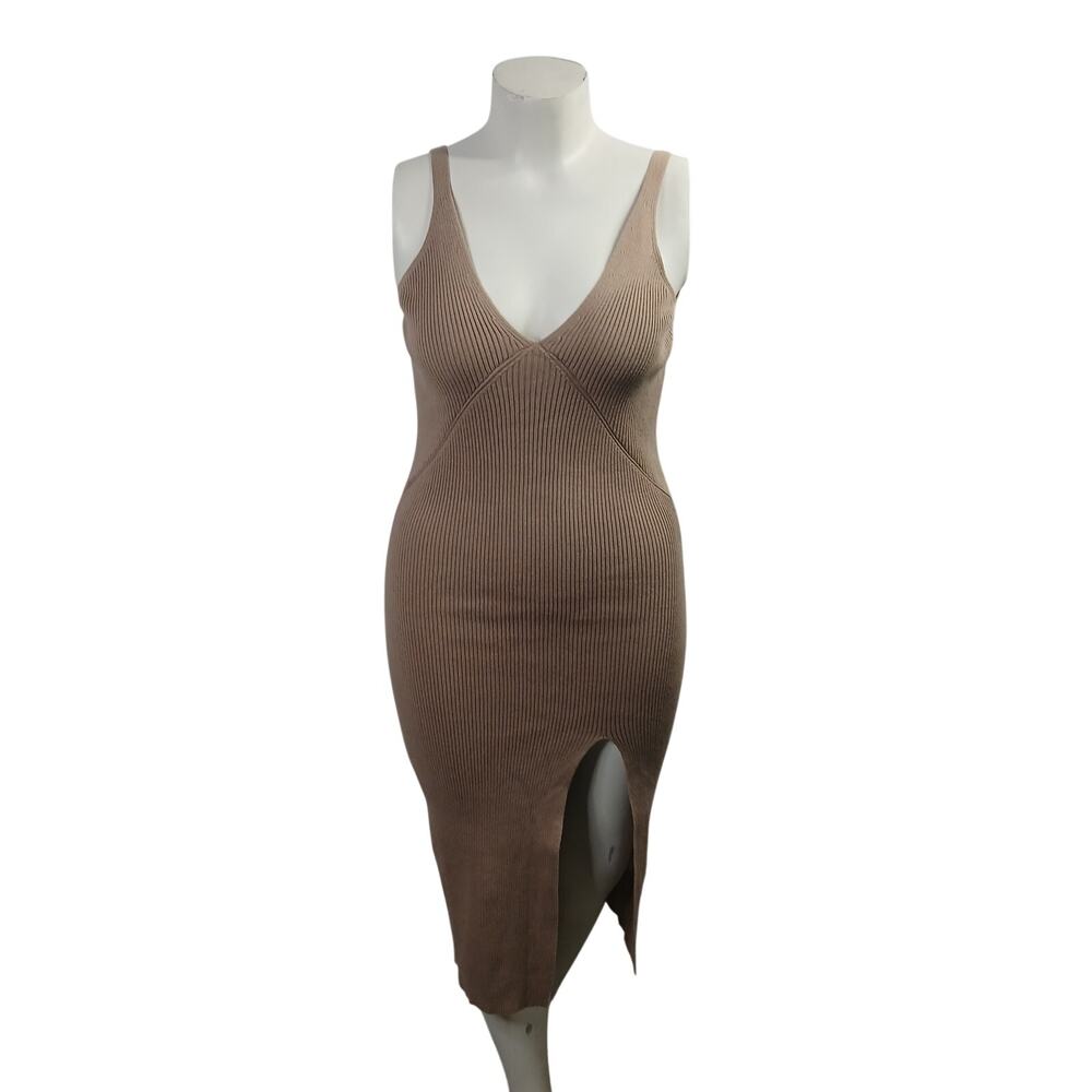 MVN The Label Beige Tan Ribbed Knit V-Neck Midi Bodycon Dress Small